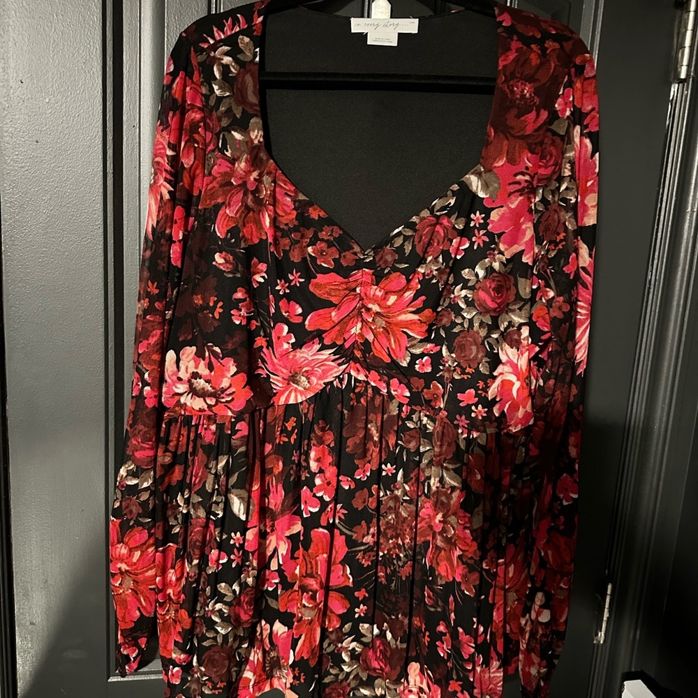 Red and Black Floral Mesh Sleeved Top